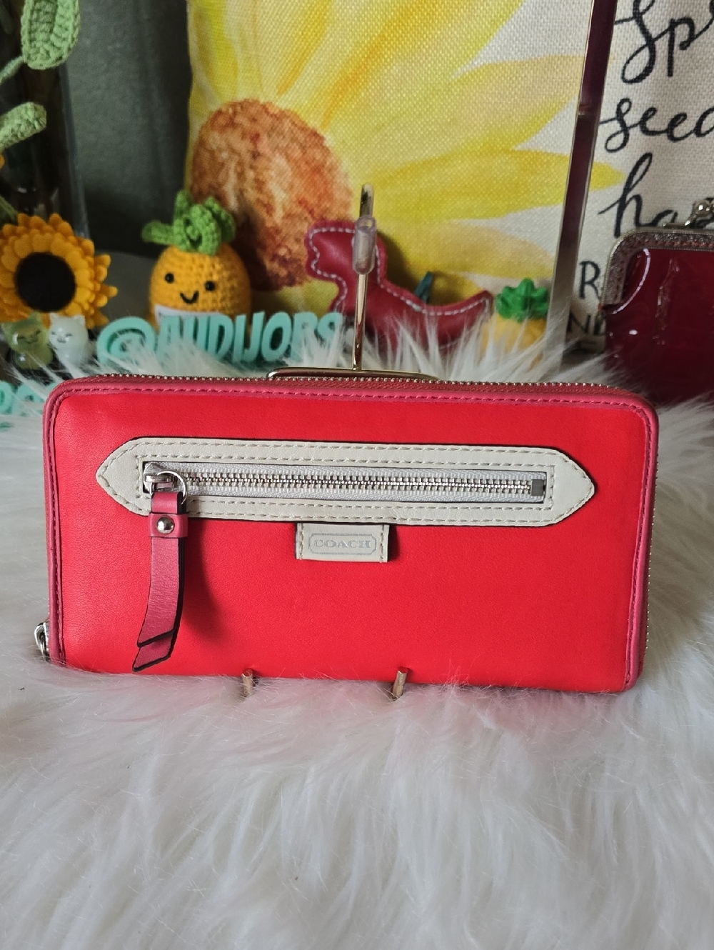 COACH Spectator Red Leather Zip-Around Wallet with Cream Accent